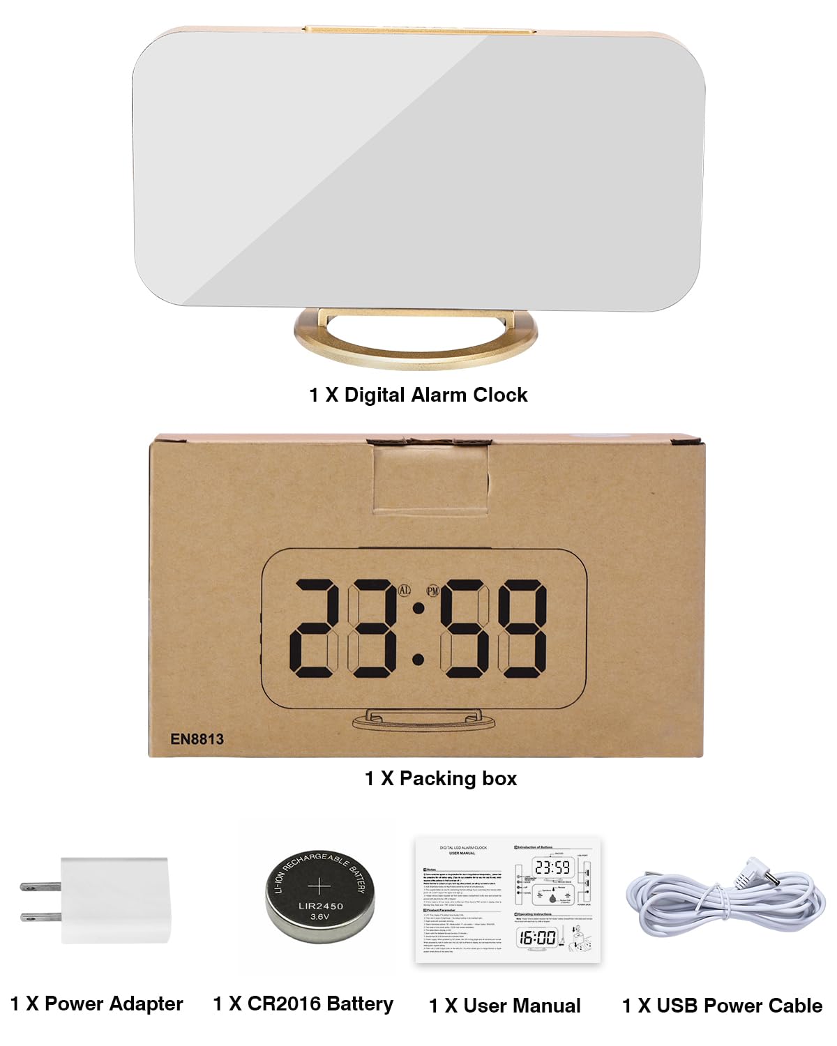 Digital Alarm Clock,7 in LED Mirrored Clocks Large Display,with 2 USB Charger Ports,Auto Dim,Night Mode,Modern Desktop Electronic Clocks for Bedroom Home Office Decor - Gold