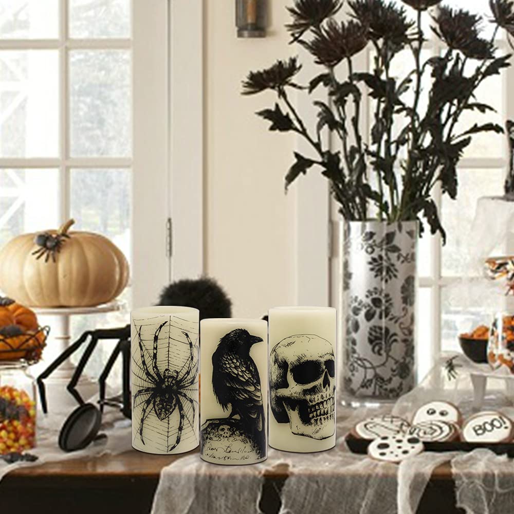 Eldnacele Halloween Flickering Candles with Skull, Spider Web, Crow Raven Decals Set of 3, Battery Operated Halloween Themed LED Candles Horror Spooky Decoration