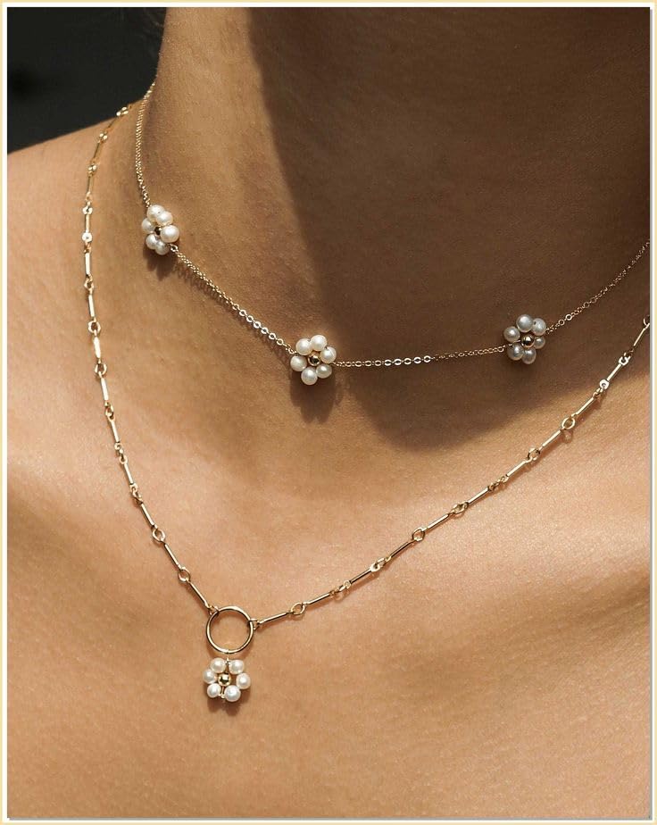 SmileBelle Daisy Pearl Necklace, Dainty Pearl Choker Necklace for Women as Flower Necklace, 14K Gold Plated Stainless Steel Trendy Gold Necklaces as Pearl Jewelry Teen Girls Daisy Wedding Costume Gift