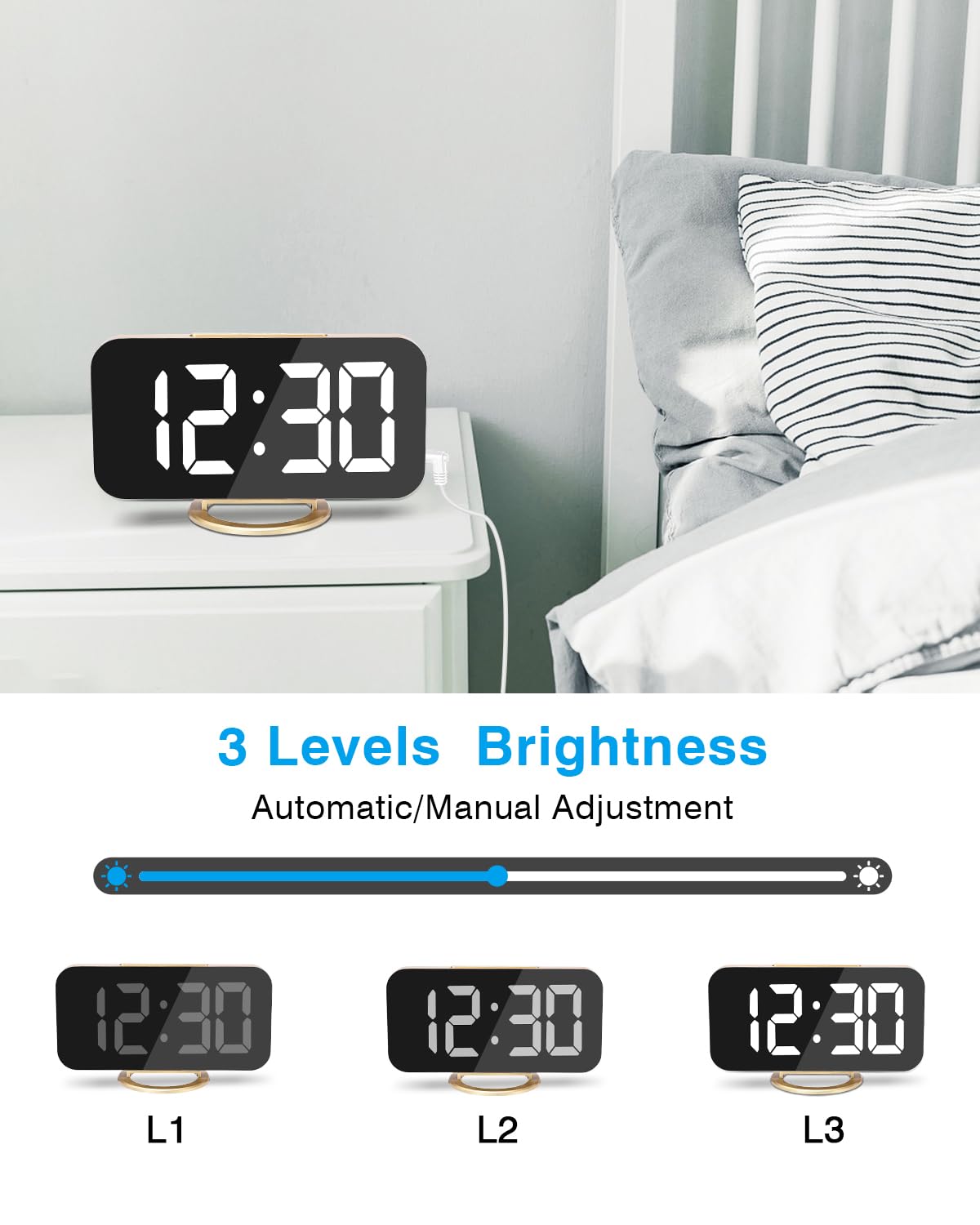 Digital Alarm Clock,7 in LED Mirrored Clocks Large Display,with 2 USB Charger Ports,Auto Dim,Night Mode,Modern Desktop Electronic Clocks for Bedroom Home Office Decor - Gold