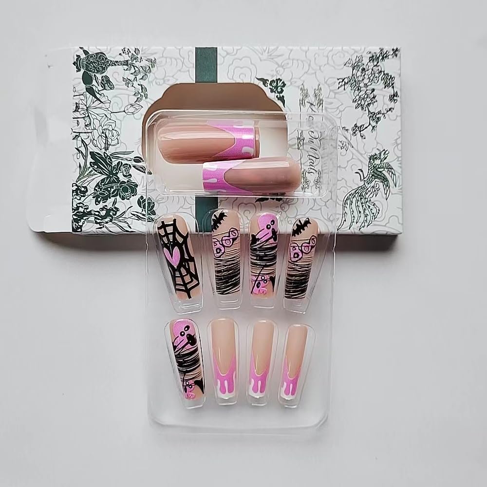 Halloween Press on Nails Long Square - White French Fake Nails Pink False Nails Press ons Ghost Bat Heart Spider Web Line Design Full Cover Acrylic Nude Glue on Nails for Women 24Pcs