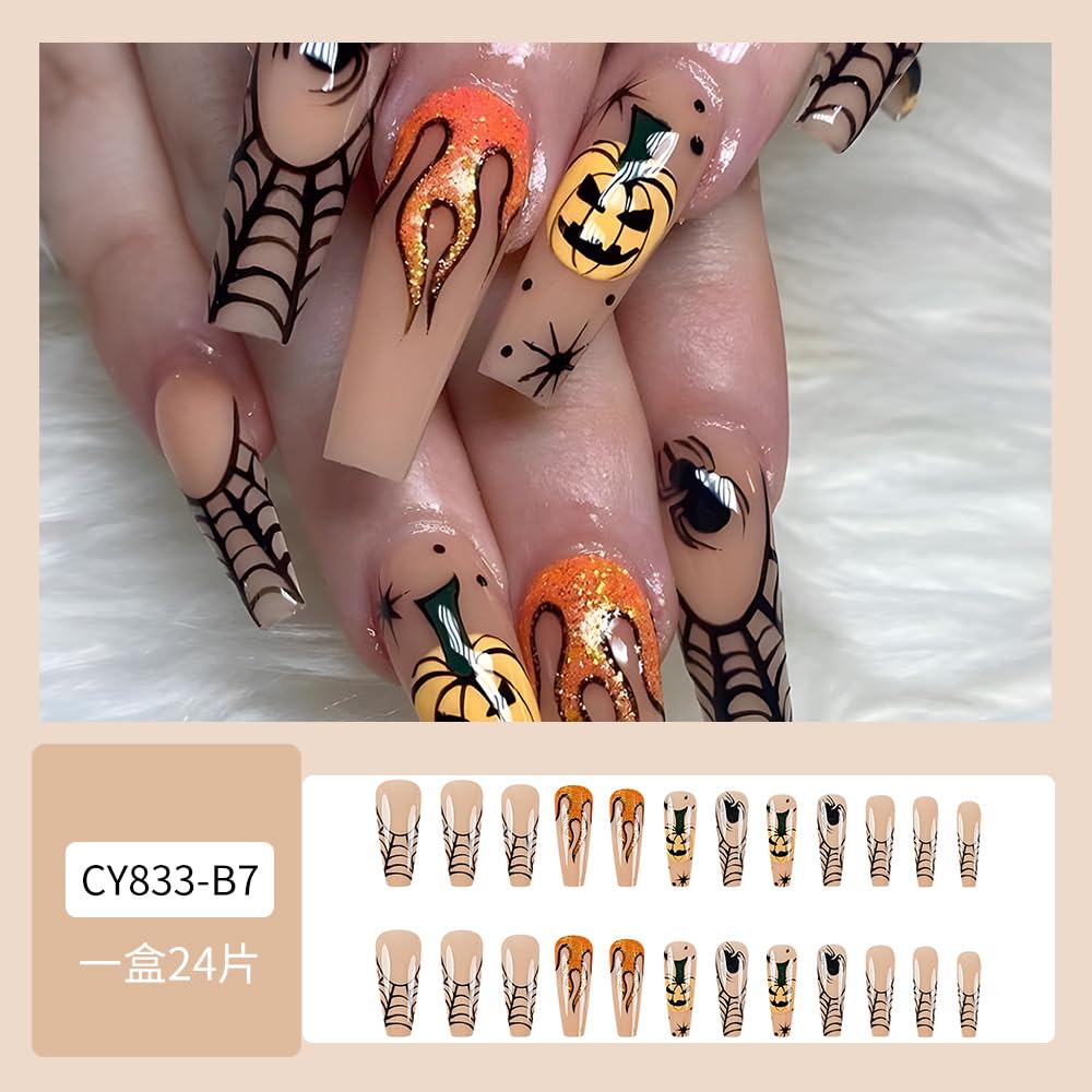 Halloween Press on Nails Long Coffin Fake Nails Halloween Press on False Nails with Spider Web Spider Flame Pumpkin Designs Acrylic Full Cover Glossy Cute Funny Halloween Nails for Women Girls 24PCS