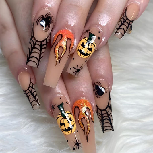 Halloween Press on Nails Long Coffin Fake Nails Halloween Press on False Nails with Spider Web Spider Flame Pumpkin Designs Acrylic Full Cover Glossy Cute Funny Halloween Nails for Women Girls 24PCS