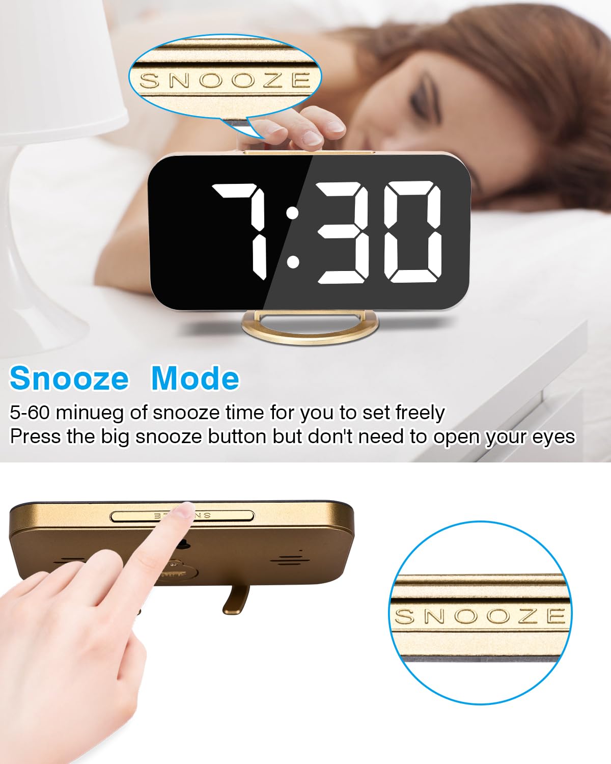 Digital Alarm Clock,7 in LED Mirrored Clocks Large Display,with 2 USB Charger Ports,Auto Dim,Night Mode,Modern Desktop Electronic Clocks for Bedroom Home Office Decor - Gold