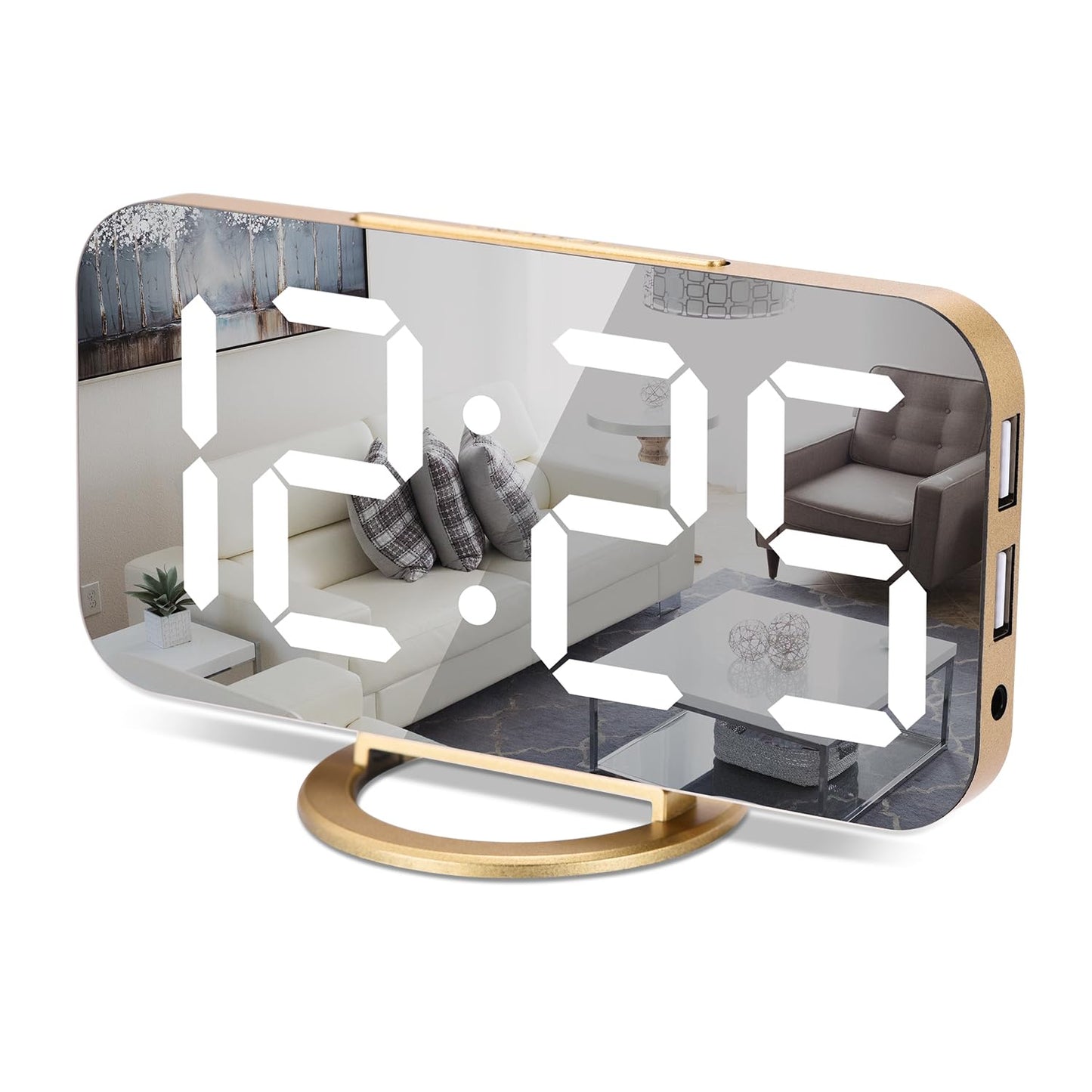 Digital Alarm Clock,7 in LED Mirrored Clocks Large Display,with 2 USB Charger Ports,Auto Dim,Night Mode,Modern Desktop Electronic Clocks for Bedroom Home Office Decor - Gold