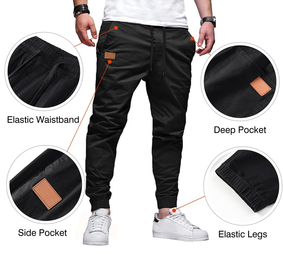 JMIERR Men's Casual Joggers Pants - Cotton Drawstring Chinos Cargo Pants Hiking Outdoor Twill Track Jogging Yoga Sweatpants Jogger Pants with Pockets for Men Slim Fit, US 32(S), A Black