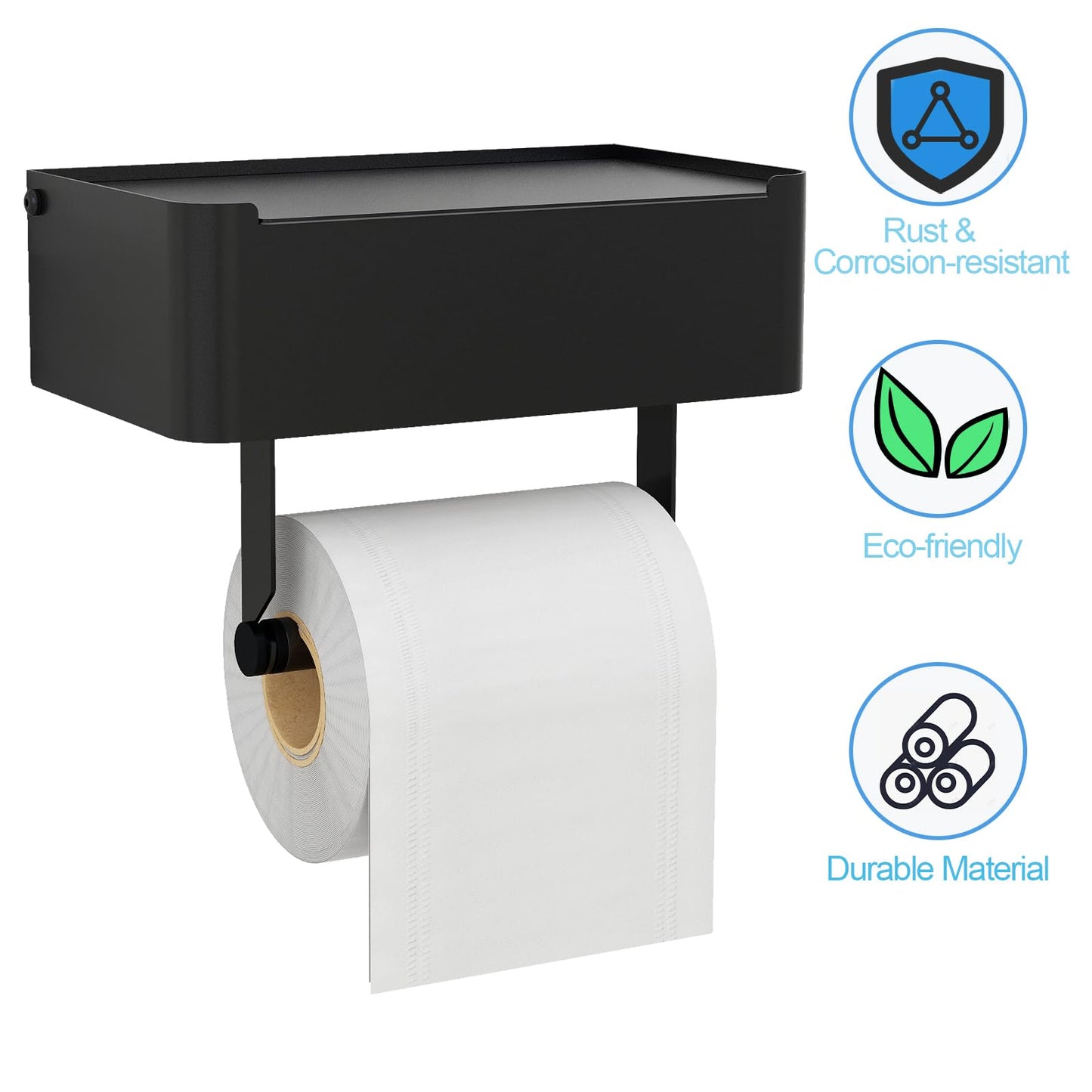 JUYSON Toilet Paper Holder with Shelf, Flushable Wipes Dispenser Fits for Bathroom Wipe Storage, Keep Your Wipes Hidden Out of Sight - SUS304 Stainless Steel Wall Mount Organizer (Matte Black)