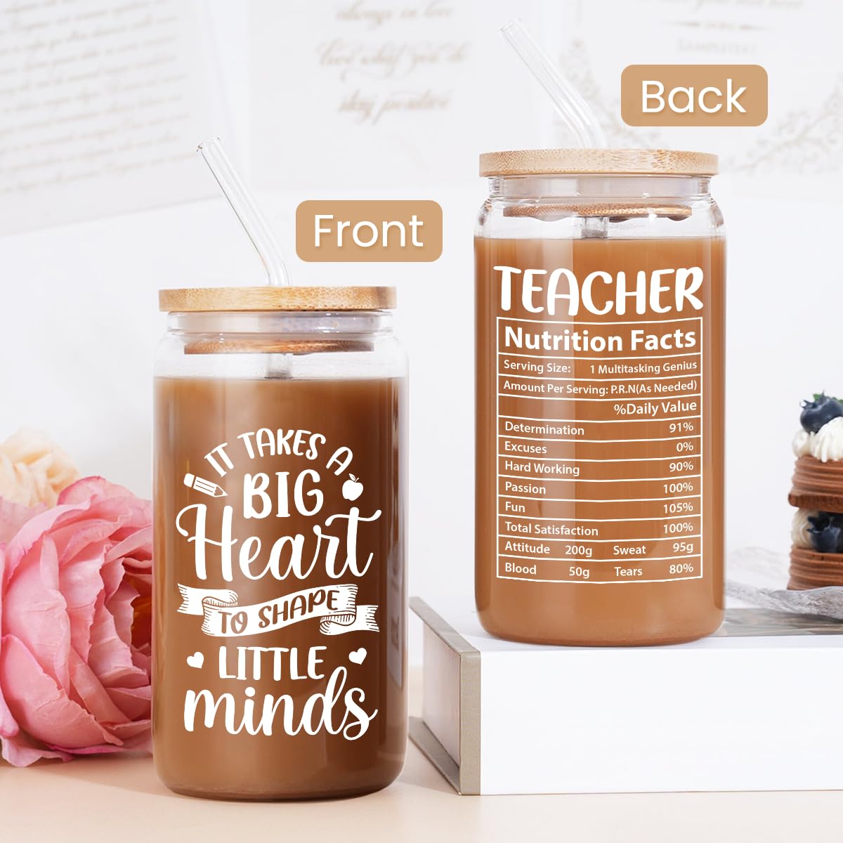 SANDJEST Teacher Gifts for Women - Teacher 16 Oz Can Glass Coffee Cup with Straws - Teacher Appreciation Gift - Gifts for Teachers Women on Birthday Back To School