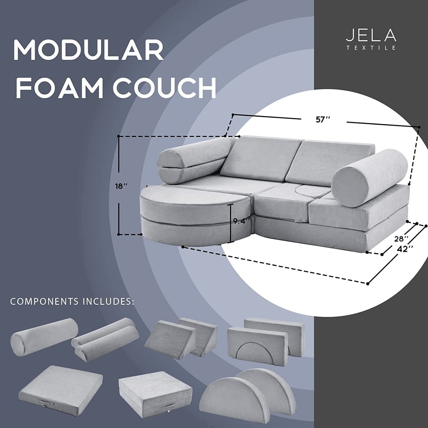 jela Kids Couch 14PCS Luxury, Floor Sofa Modular Furniture for Adults, Playhouse Play Set for Toddlers Babies, Foam Play Couch (Moonlight Grey, 57"x28"x18")