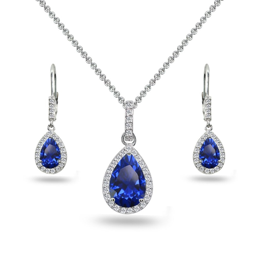 B. BRILLIANT Sterling Silver Created Blue Sapphire & White Topaz Teardrop Dangling Necklace & Leverback Drop Dangle Earrings Jewelry Set for Women with Gift Box