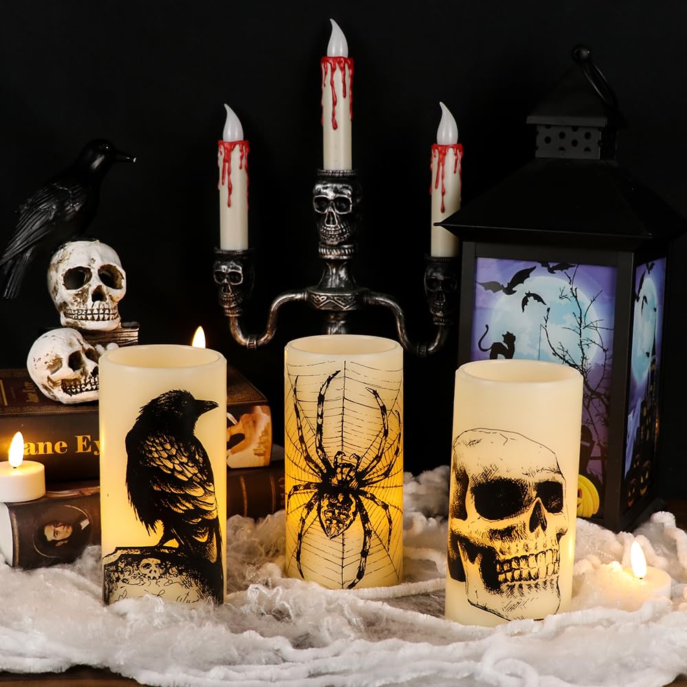 Eldnacele Halloween Flickering Candles with Skull, Spider Web, Crow Raven Decals Set of 3, Battery Operated Halloween Themed LED Candles Horror Spooky Decoration