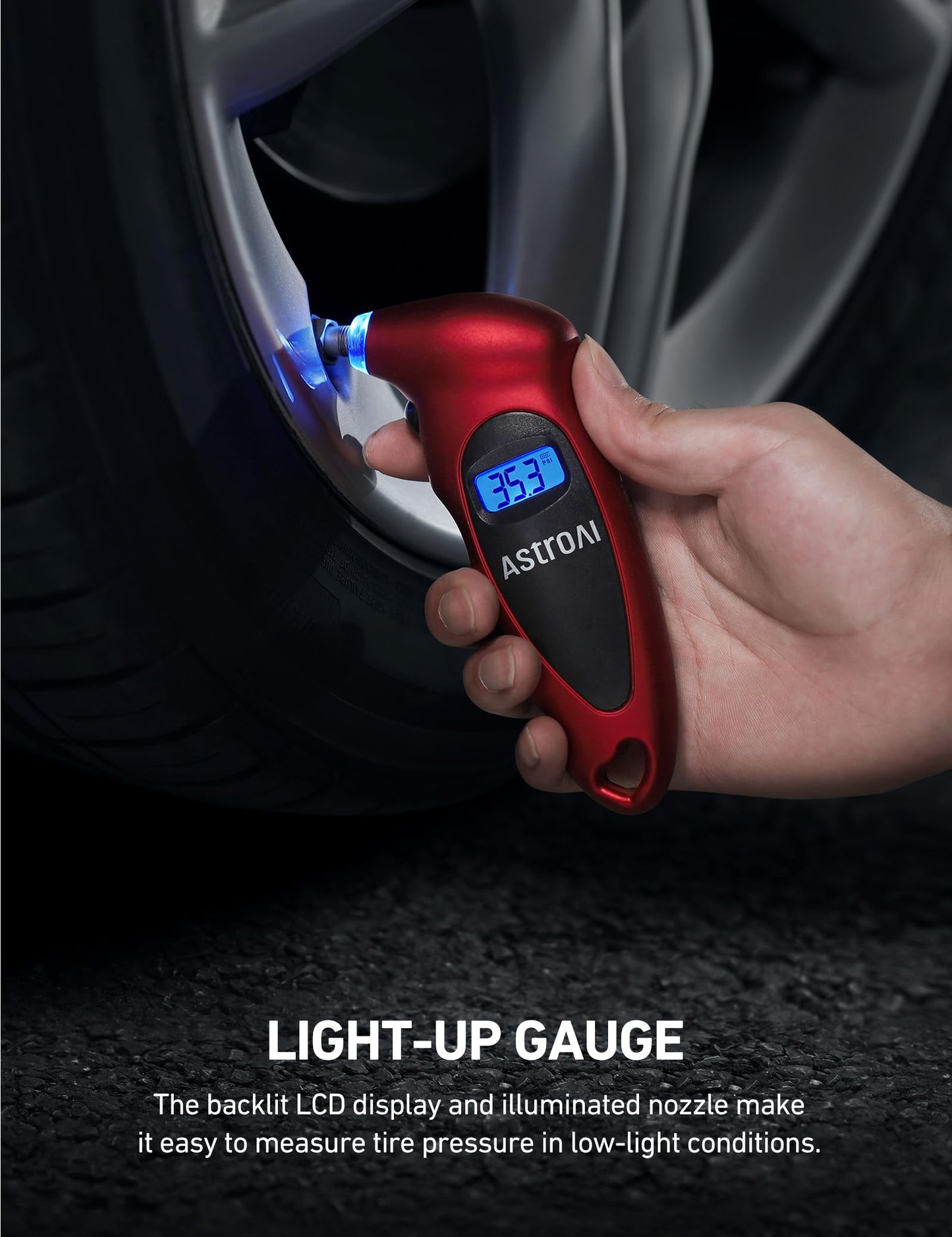 AstroAI Tire Pressure Gauge Digital 0-150PSI (Accurate in 0.1 Increments), 4 Units for Car Truck Bicycle with Backlight LCD and Presta Valve Adaptor, Red