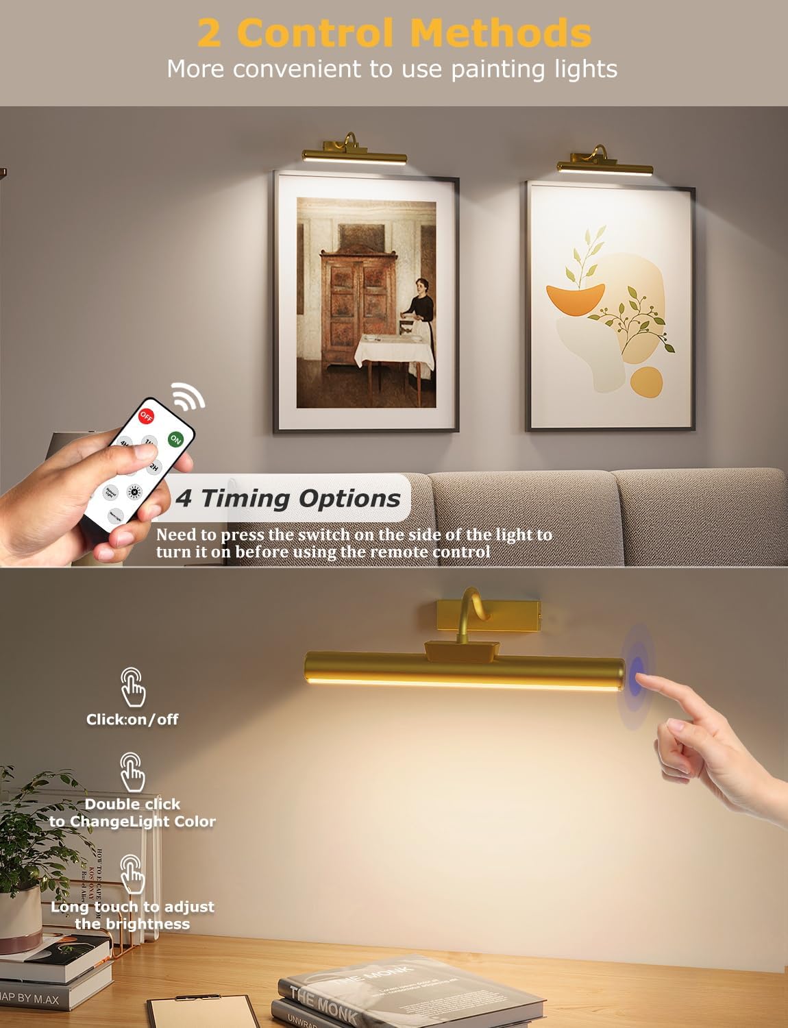 Picture Light Battery Operated, 13in Wireless Art Light for Paintings, Dimmable 5000mAh Recharging Battery Picture Light with Remote Control for Wall, Gallery Dartboard Art Bedroom (Gold-2Pack)