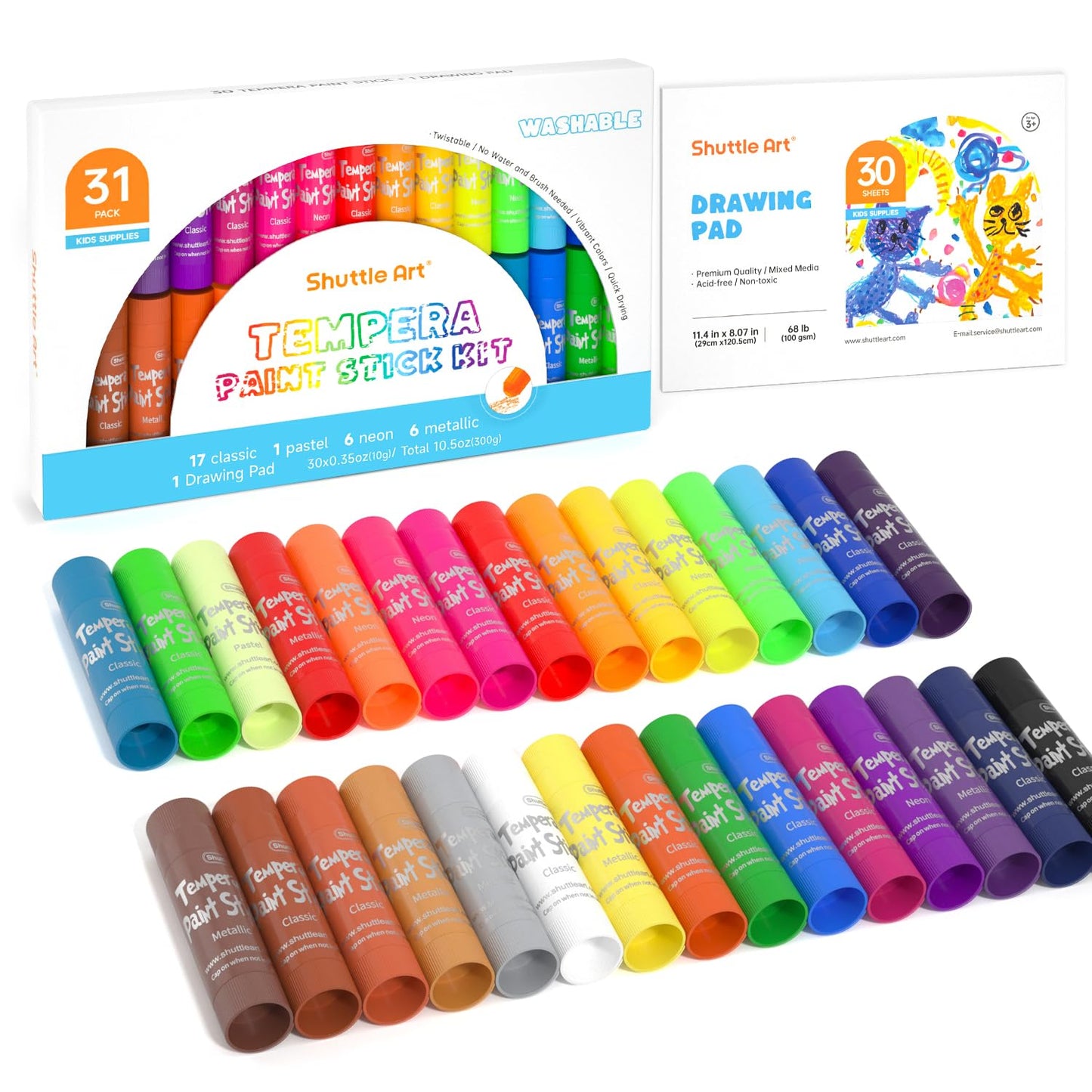 Tempera Paint Sticks, 30 Colors Solid Tempera Paint for Kids with 1 Drawing Pad, Super Quick Drying, Non-Toxic, Works Great on Paper Wood Glass Ceramic Canvas