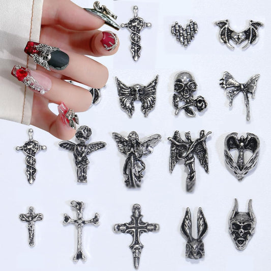 𝟯𝟬 𝗣𝗰𝘀 3D Nail Charms Halloween Skull Cross Wings Love Shape Silver Nails Charms Metal Vintage Nail Charm Nail Design Jewelry Decor Halloween Nail Glitters Charms for Nails Design DIY Decoration