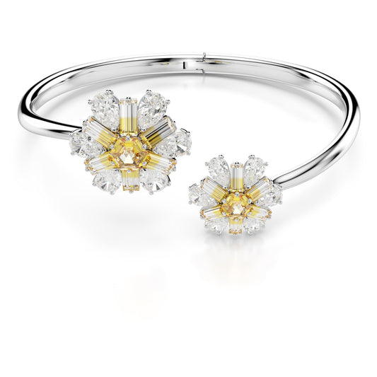 SWAROVSKI Idyllia Bangle Bracelet, Flower Motif with Yellow and Clear Mixed-Cut Stones in a Rhodium-Finished Setting, Size M, Part of the Idyllia Collection