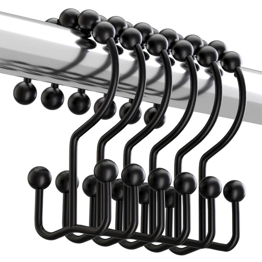 Titanker Black Shower Curtain Hooks Rings, Rust-Resistant Metal Double Glide Shower Hooks for Bathroom Shower Rods Curtains, Set of 12 Hooks - Matte Black