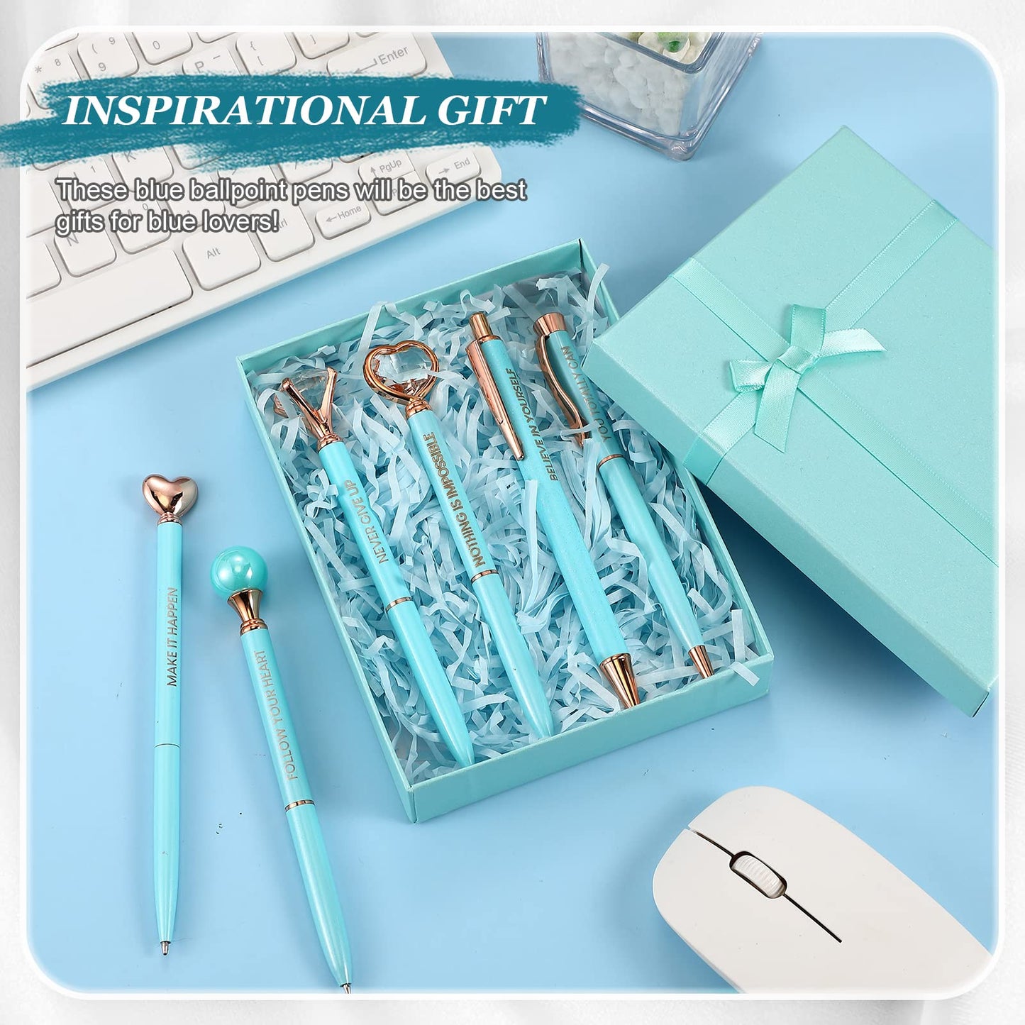 Yeaqee 6 Pcs Inspirational Pen Set for Women Gift Diamond Pens with Crystal Motivational Ballpoint Pen with Gift Box Girls Nurse Teacher Wedding Graduation Mother Day Gift Supplies(Blue)