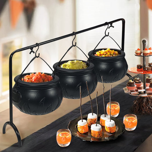 ORIENTAL CHERRY Halloween Decor - Halloween Party Decorations - Set of 3 Witches Cauldron Serving Bowls on Rack - Black Plastic Cauldron for Indoor Outdoor Home Kitchen Decoration