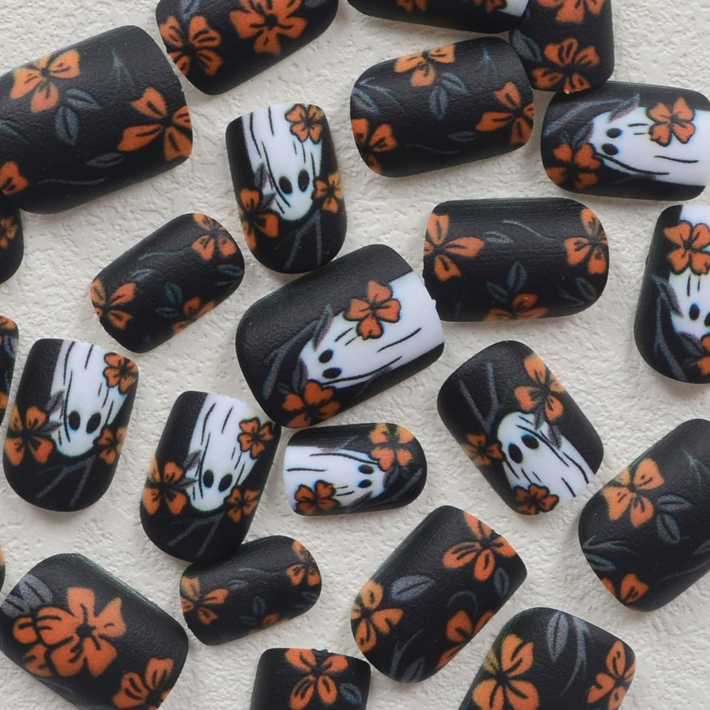 Halloween Yellow Flowers Press on Nails Short Square Fake Nails with Cute Little Ghost Designs Black Matte Artificial Nails Full Cover Stick on Nails Halloween Glue on Nails for Women Nail Art DIY