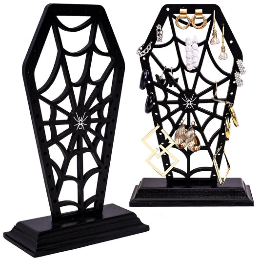 BULICADO Coffin Spiderweb Earring Holer - Halloween Decor for Bathroom and Bedroom - Gothic Wooden Makeup Organizer for Girls - Goth Accessories for Vanity - Witchy Gifts for Women