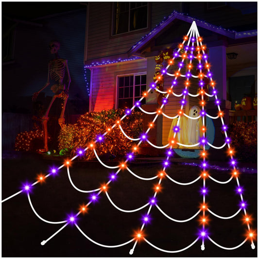 Aitbay Halloween Decorations Outdoor Spiders Web Lights: 150 Purple & Orange LED Light Decor, 17.4Ft Giant Spiderweb with 8 Lighting Modes Waterproof & Timer, Yard Spider Web Decoration