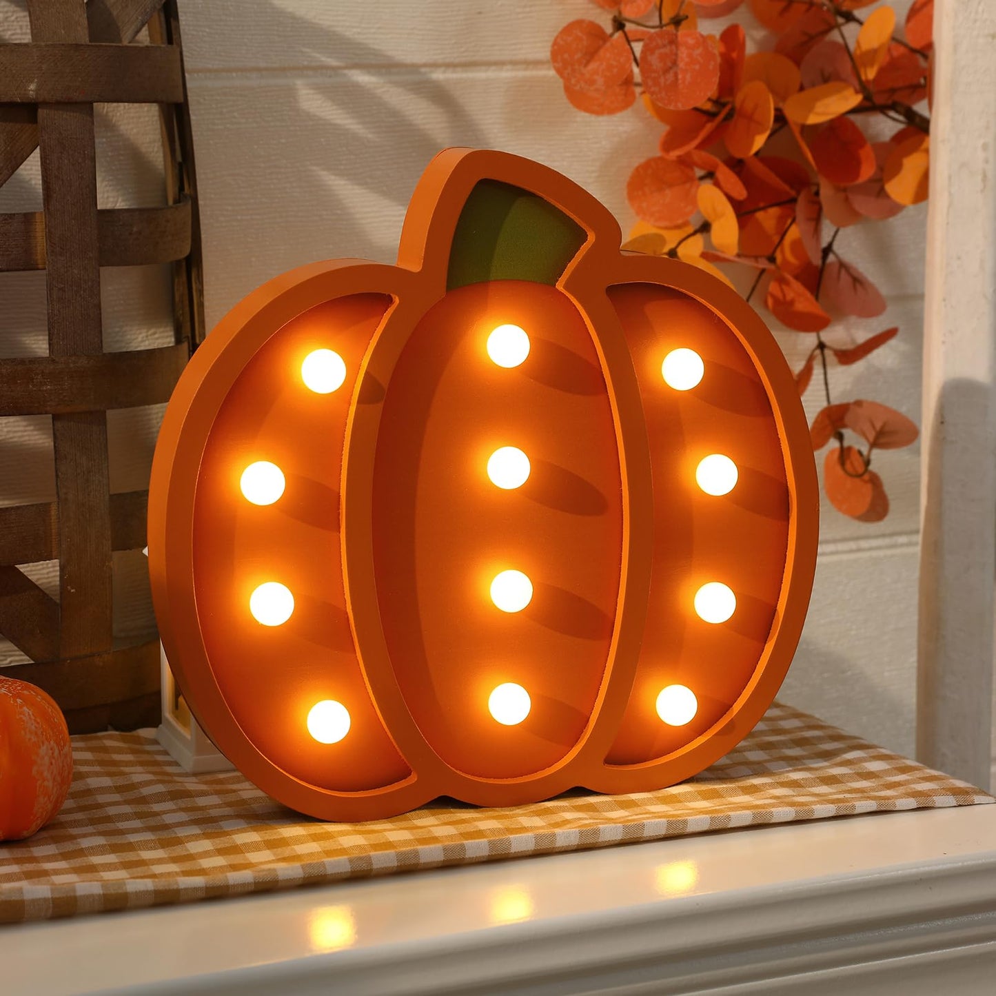 FestalMart Fall Decor-Fall Decorations for Home-Light Up Wooden Pumpkins- Handmade Pumpkins with Light for Thanksgiving Halloween Home Kitchen Tabletop Decor