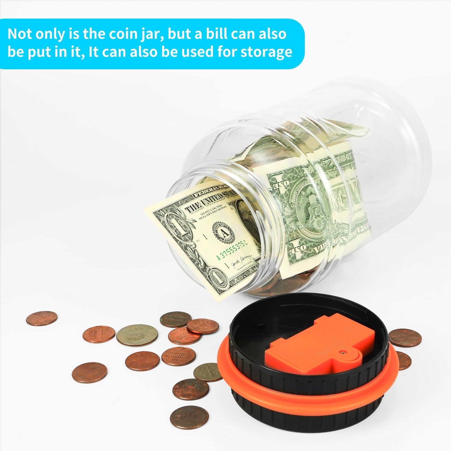 Coin Bank for Girls Adults, Qiekaka Piggy Bank for Adults Kids, Coin Jar with LCD Counter Change Counter for Counting Money, Change Bank Designed for All US Coins(Black Orange)