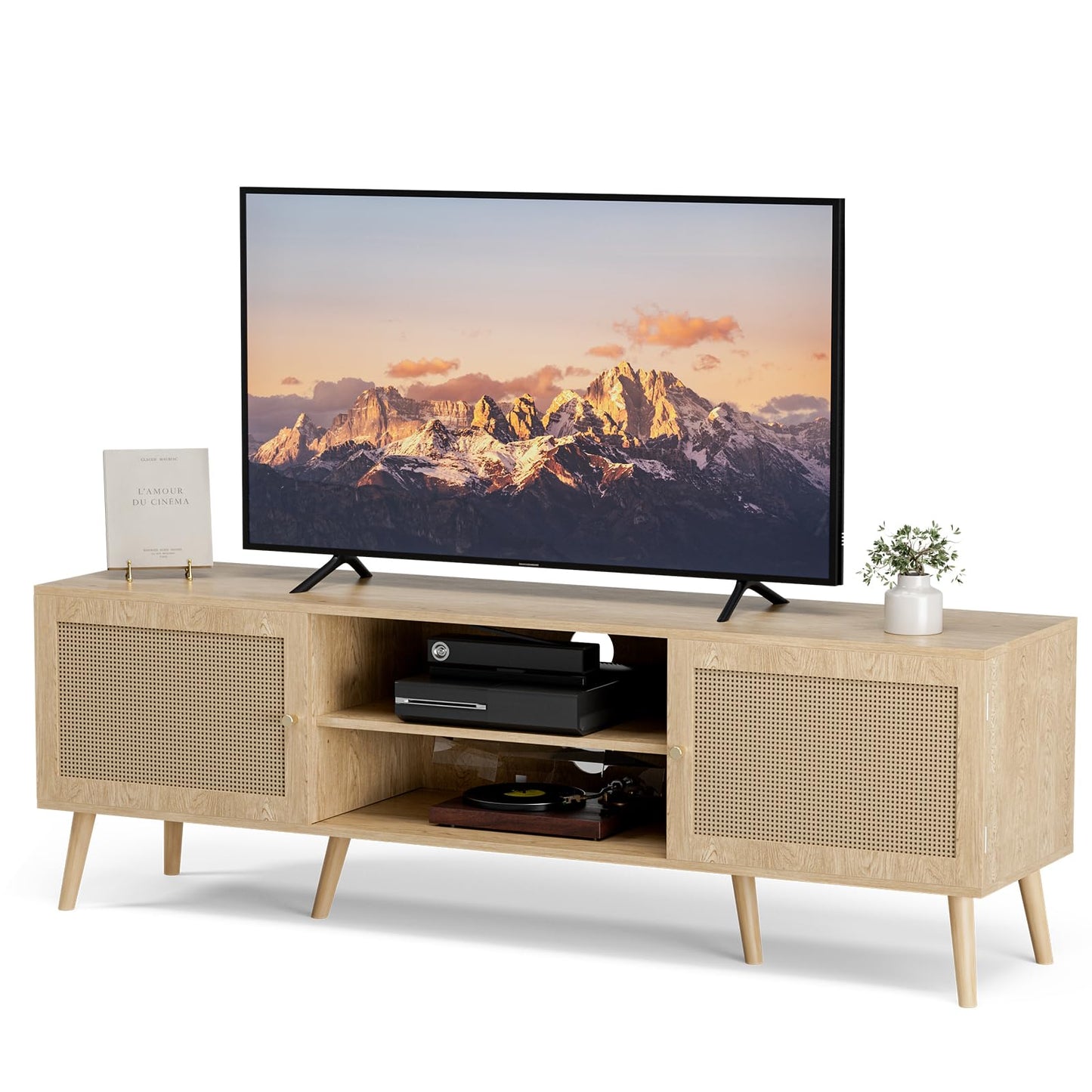 ZttRiee TV Stand for TVs up to 65'', Entertainment Center with Rattan Door, Shelves & 2 Cabinets, Long Boho Media TV Console for Living Room, Natural