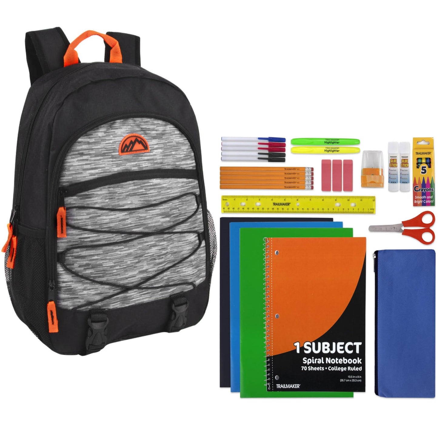 Backpack with Supplies | 17 Multipocket Backpack with 30 Piece Stationery Set for Travel, Work - Orange, Black, and Grey Backpack Set