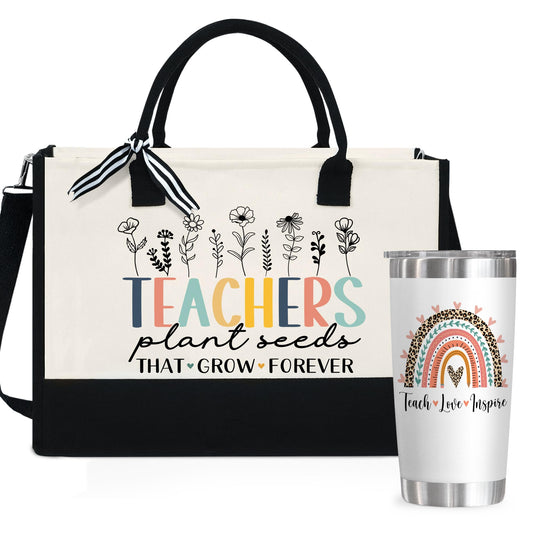 Teacher Gift Set - 20 oz Stainless Steel Tumbler & 13 oz Canvas Tote Bag, Graduation, Teacher's Day, Birthday Gifts For Coworkers, Teacher Appreciation Gifts For Women, Thank You Gifts For Teachers