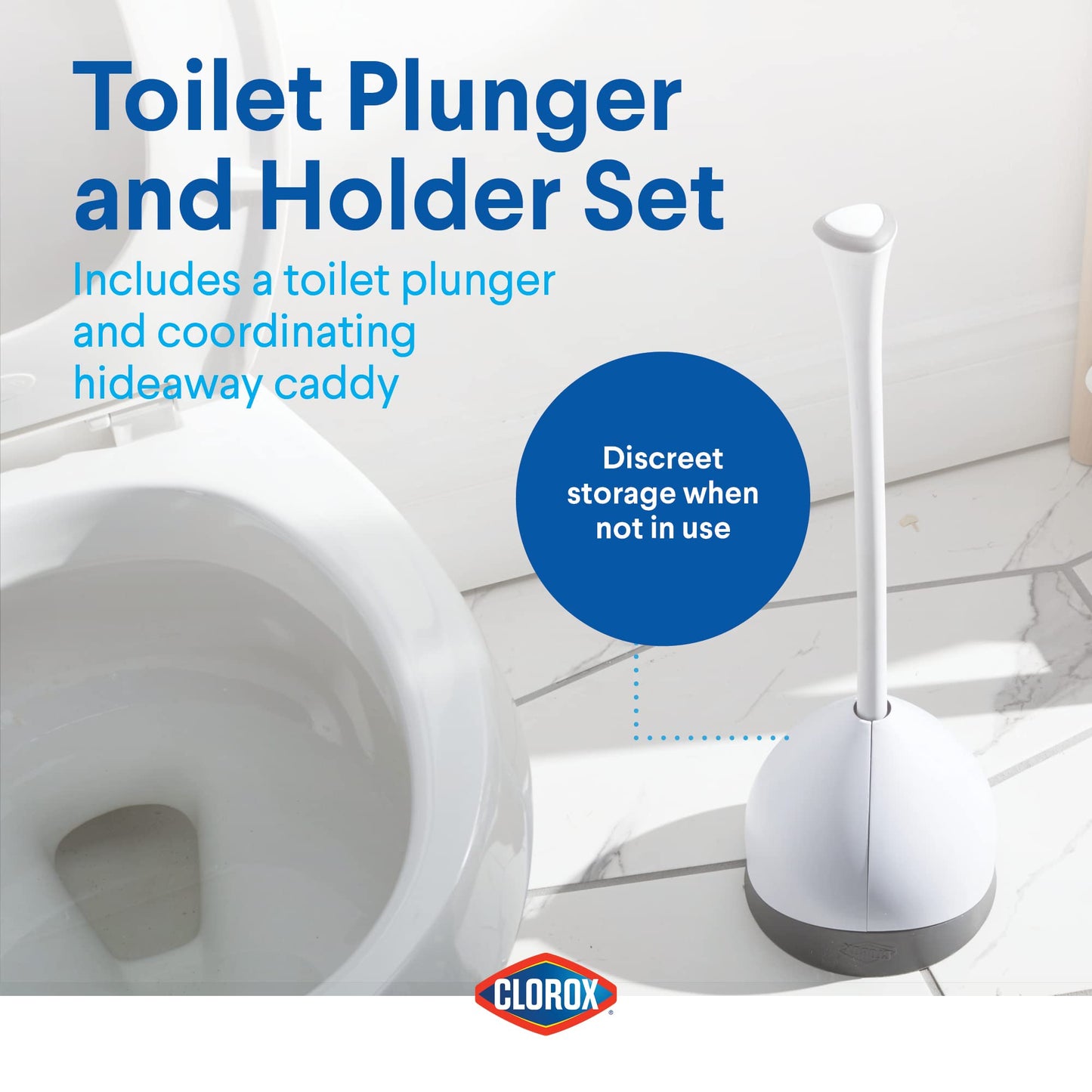 Clorox 620027 Toilet Plunger and Hideaway Caddy Bathroom Combo, 1-Pack, White/Grey