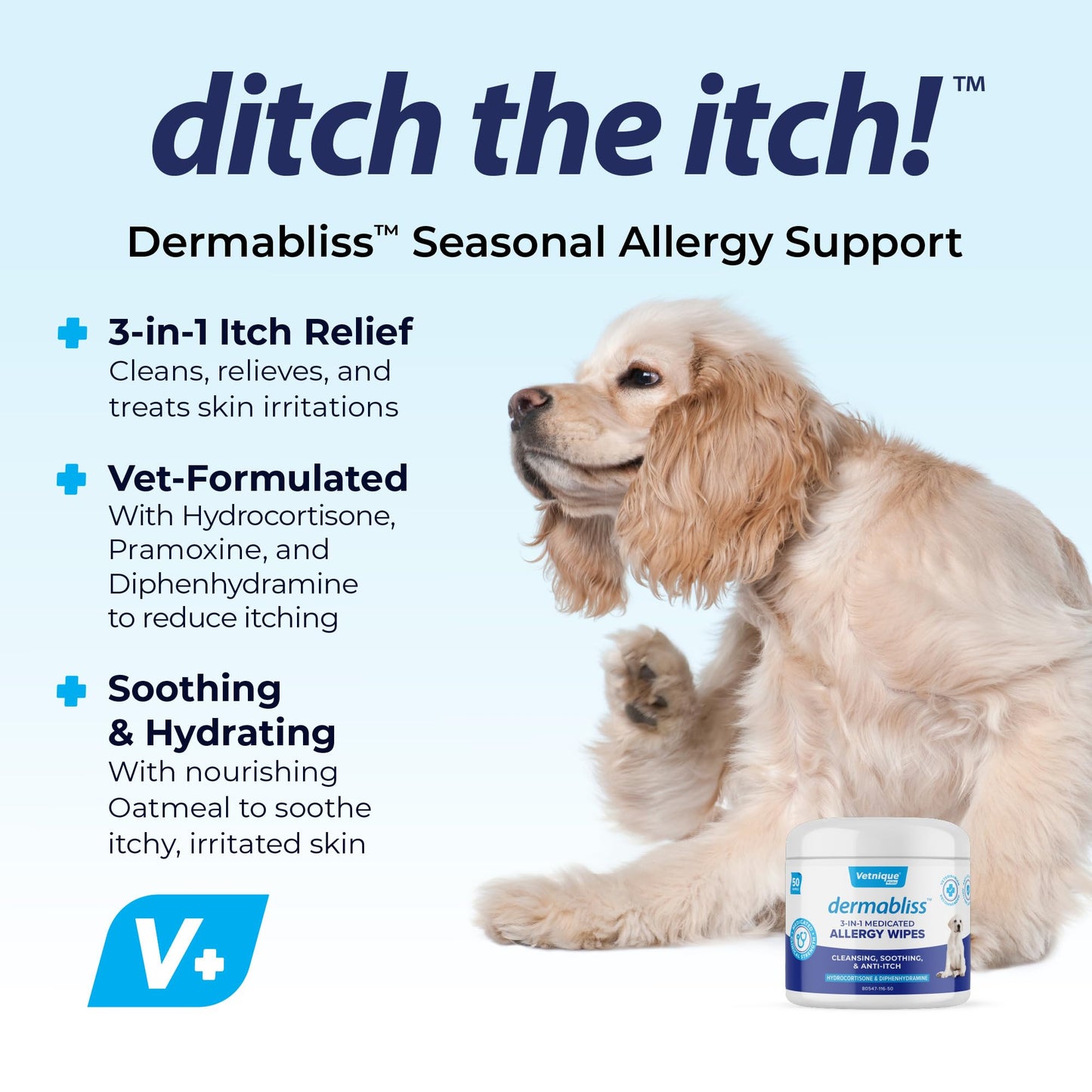 Vetnique Dermabliss 3-in-1 Medicated Dog Wipes - Relief for Itchy Skin, Allergies & Odor Control, Gentle No-Sting Formula, Antihistamine & Hydrocortisone Paw Wipes for Dogs & Cats 50ct