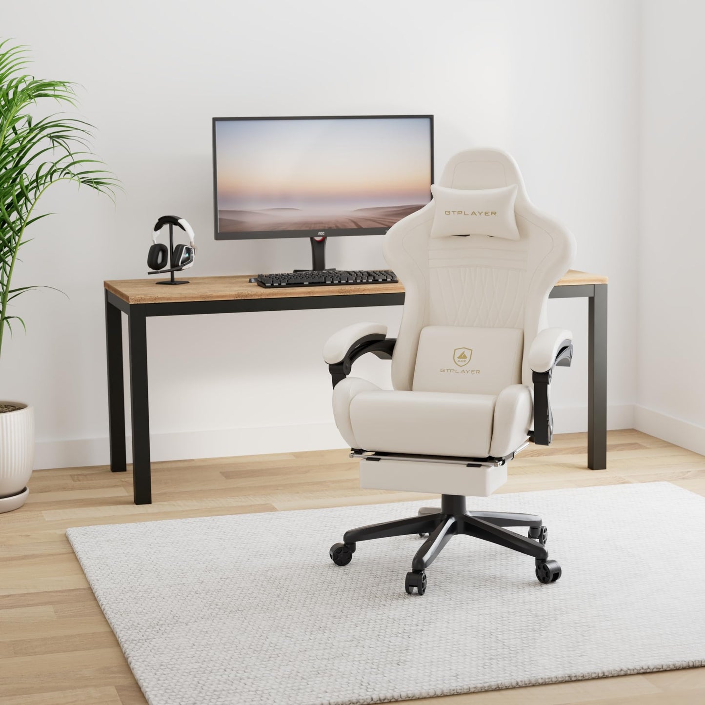 GTPLAYER Gaming Chair, Computer Chair with Footrest and Bluetooth Speakers, High Back Ergonomic Gaming Chair, Reclining Gaming Chair with Linkage Armrests for Adults by GTRacing (Leather, Ivory)