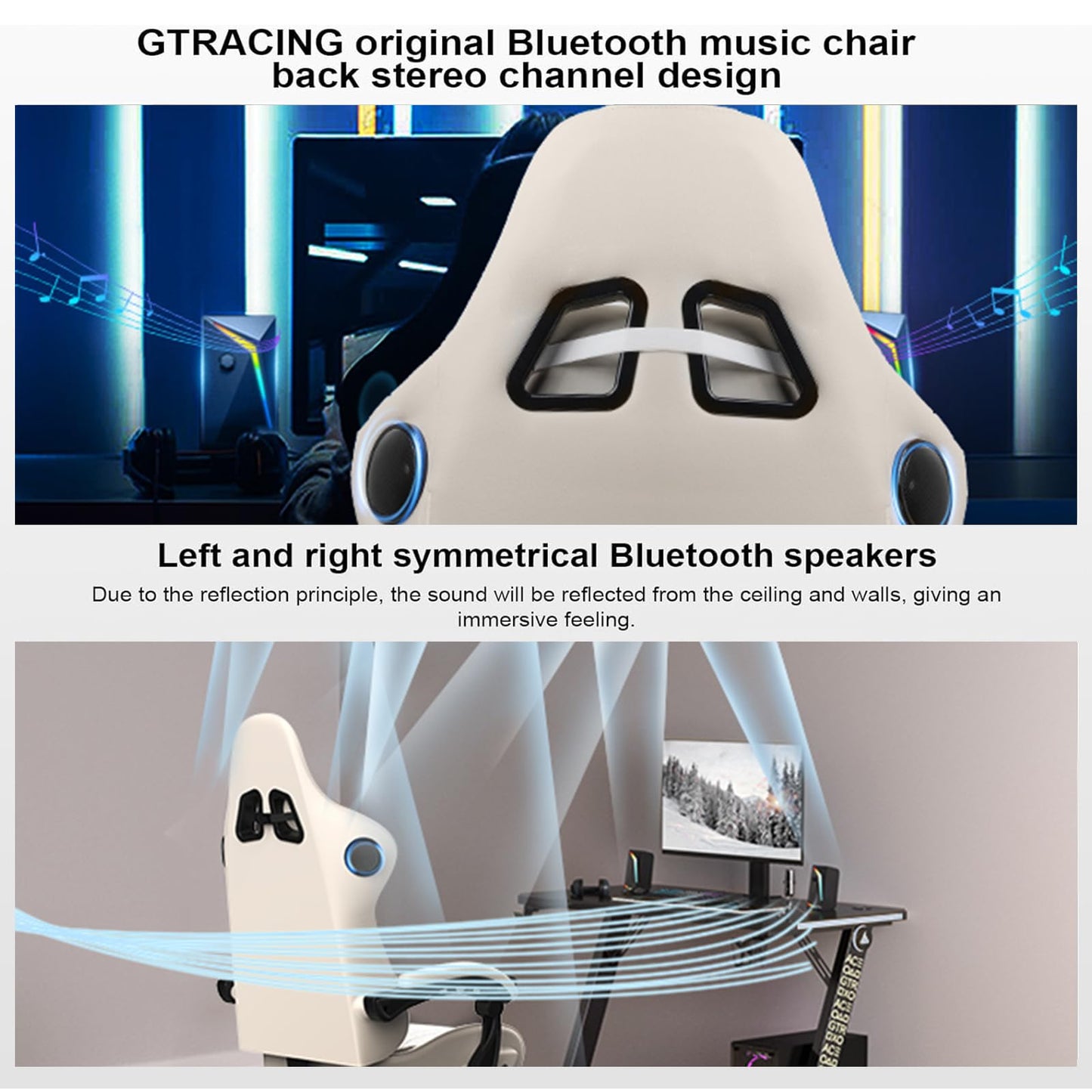 GTPLAYER Gaming Chair, Computer Chair with Footrest and Bluetooth Speakers, High Back Ergonomic Gaming Chair, Reclining Gaming Chair with Linkage Armrests for Adults by GTRacing (Leather, Ivory)