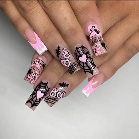 Halloween Press on Nails Long Square - White French Fake Nails Pink False Nails Press ons Ghost Bat Heart Spider Web Line Design Full Cover Acrylic Nude Glue on Nails for Women 24Pcs