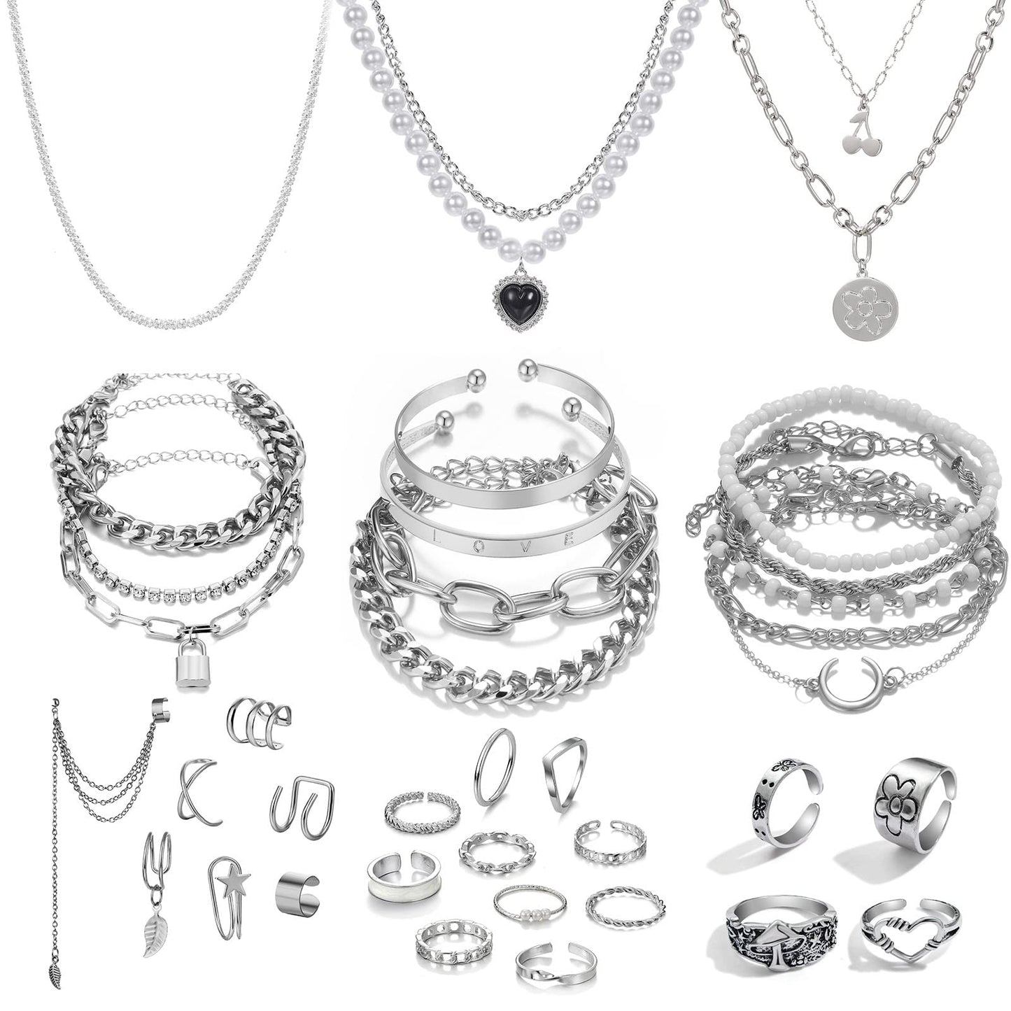 IFKM 36 Piece Silver Plated Jewelry Set - 3 Necklaces, 12 Bracelets, 7 Ear Cuffs, 14 Knuckle Rings for Women - Valentine, Anniversary, Birthday Gifts