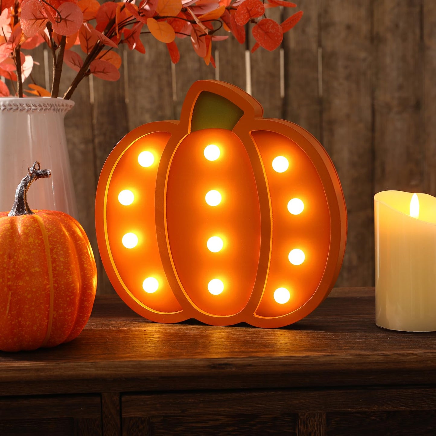 FestalMart Fall Decor-Fall Decorations for Home-Light Up Wooden Pumpkins- Handmade Pumpkins with Light for Thanksgiving Halloween Home Kitchen Tabletop Decor