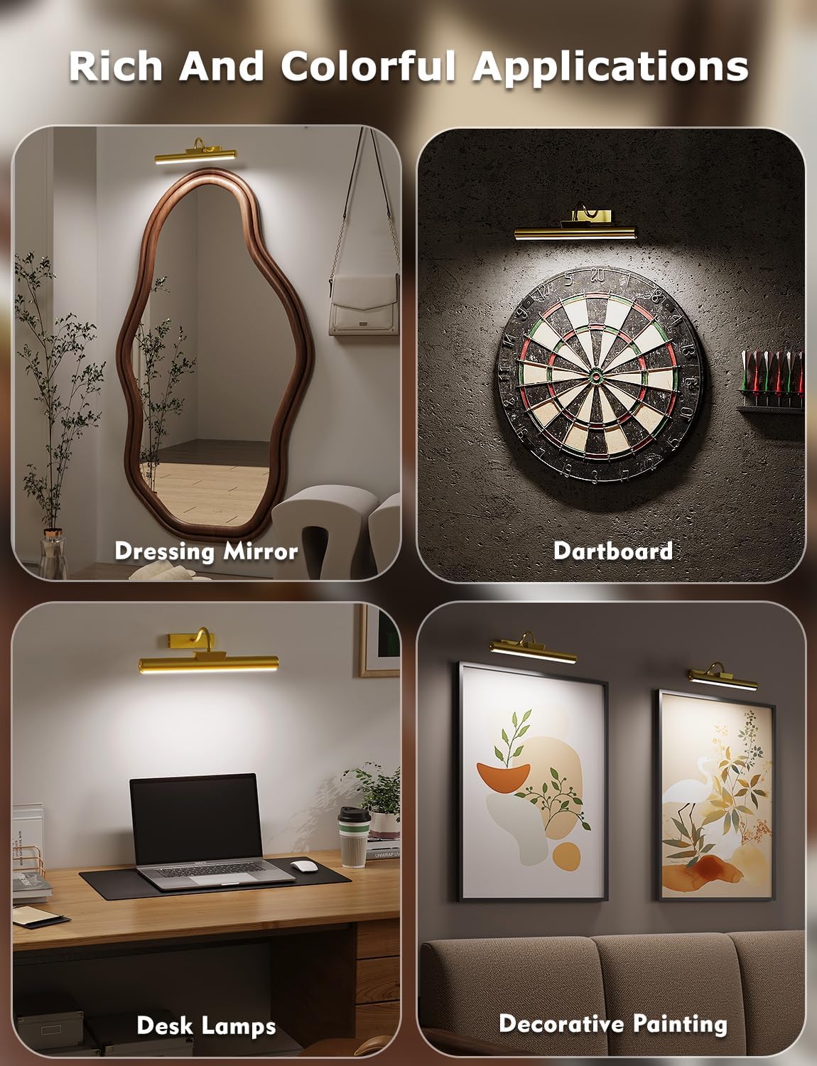 Picture Light Battery Operated, 13in Wireless Art Light for Paintings, Dimmable 5000mAh Recharging Battery Picture Light with Remote Control for Wall, Gallery Dartboard Art Bedroom (Gold-2Pack)