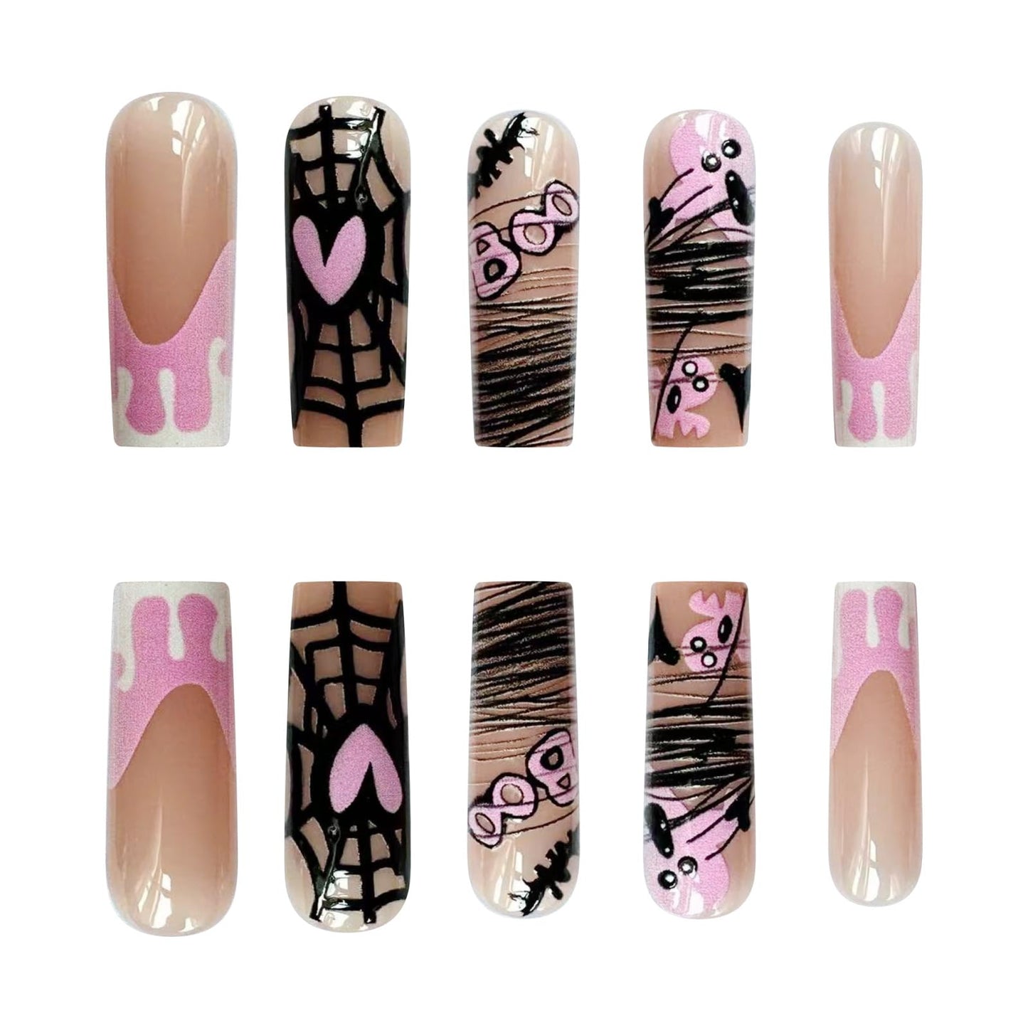 Halloween Press on Nails Long Square - White French Fake Nails Pink False Nails Press ons Ghost Bat Heart Spider Web Line Design Full Cover Acrylic Nude Glue on Nails for Women 24Pcs