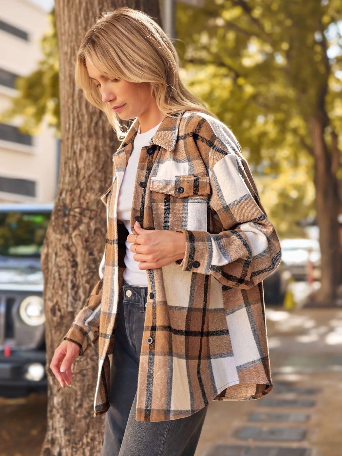 AUTOMET Womens Fall Outfits Fashion Clothes Shackets Flannel Plaid Button Down Long Sleeve Shirts Jackets 2024 Apricot XL