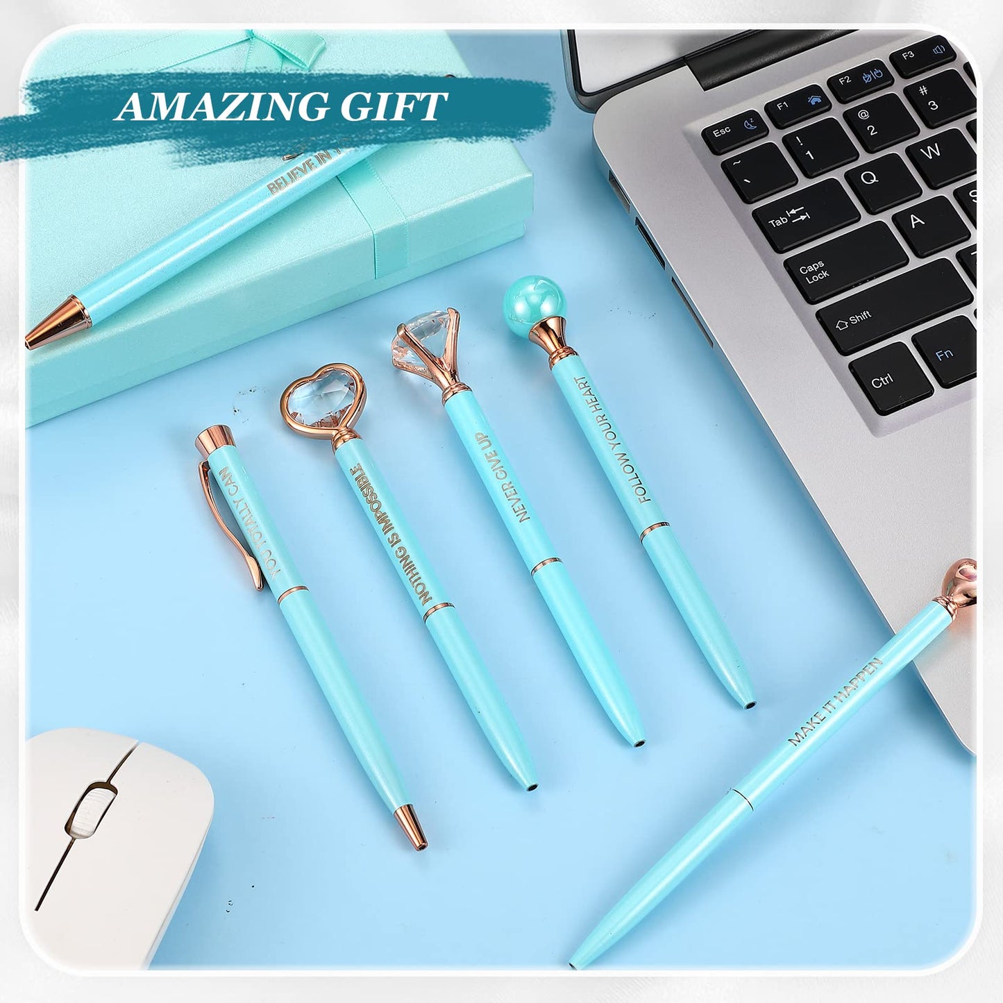 Yeaqee 6 Pcs Inspirational Pen Set for Women Gift Diamond Pens with Crystal Motivational Ballpoint Pen with Gift Box Girls Nurse Teacher Wedding Graduation Mother Day Gift Supplies(Blue)