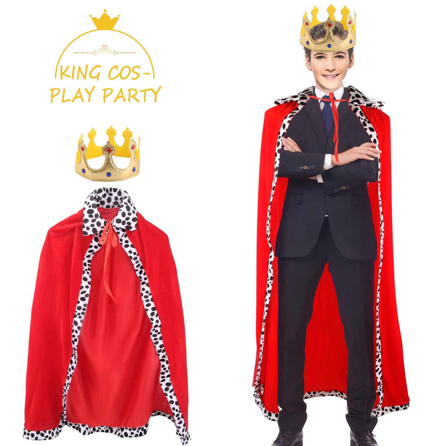 Cotiny 2 Pack Adult King Costume Set King Cape Queen Robe Red Cloak Crown Costume for Men Women Halloween King Prince Cosplay Birthday Party Dress Up