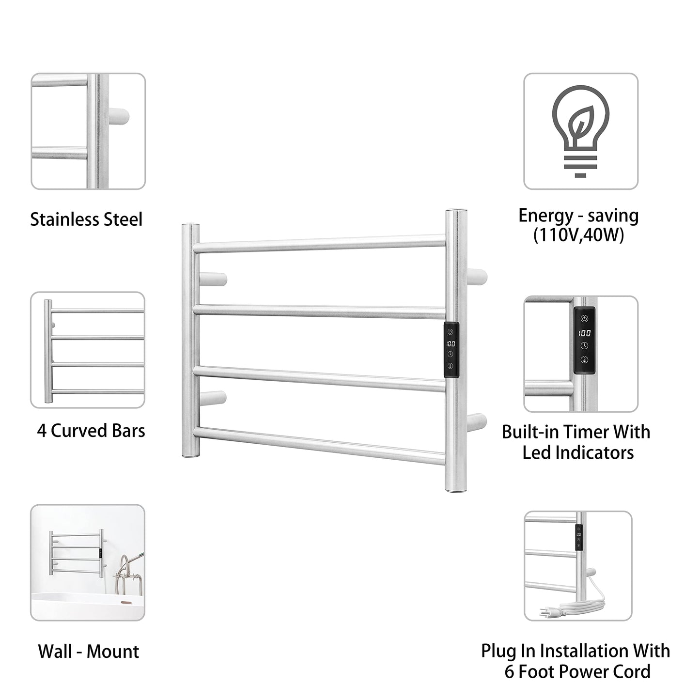 KEG Smart WiFi Towel Warmer Wall Mounted with Built-in Timer and Temperature Adjust Control, 4 Bars Electric Stainless Steel Heated Towel Racks for Bathroom Polish Chrome