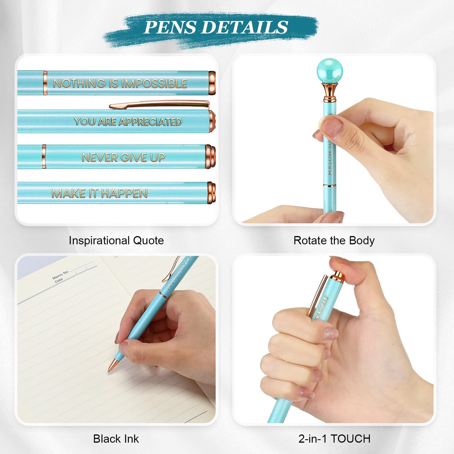 Yeaqee 6 Pcs Inspirational Pen Set for Women Gift Diamond Pens with Crystal Motivational Ballpoint Pen with Gift Box Girls Nurse Teacher Wedding Graduation Mother Day Gift Supplies(Blue)