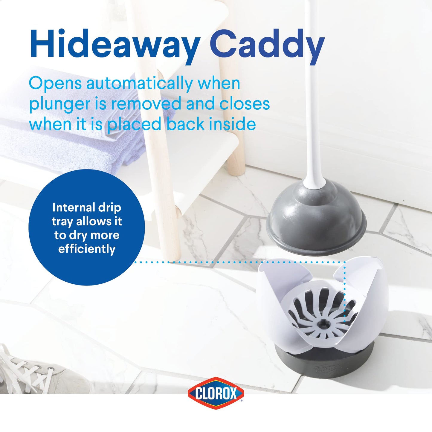 Clorox 620027 Toilet Plunger and Hideaway Caddy Bathroom Combo, 1-Pack, White/Grey