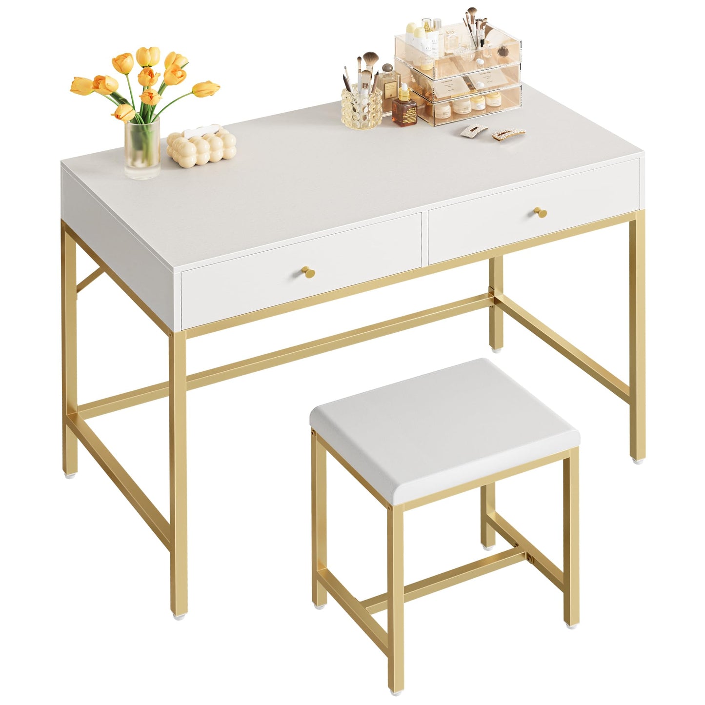 SUPERJARE 35.4" White and Gold Desk with 2 Drawers, Modern Makeup Vanity Desk with Padded Stool, Small Computer Desk Home Office Desk for Writing Study Bedroom