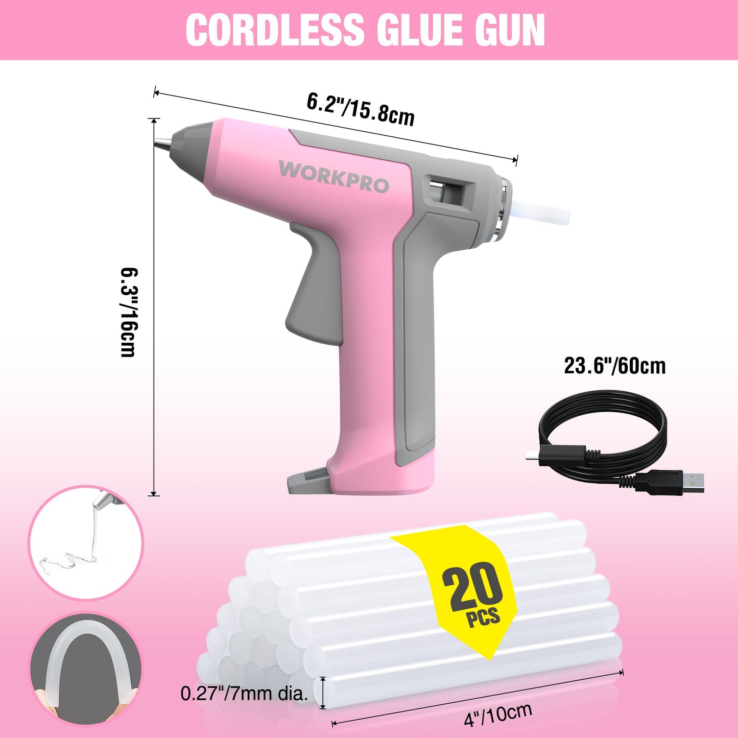 WORKPRO Pink Cordless Mini Hot Glue Gun, Energy Saving Rechargeable Fast Heating Glue Gun Kit with 20 Pcs Mini Glue Sticks, Automatic-Safety-Power-Off Glue Gun for Decoration, Art - Pink Ribbon