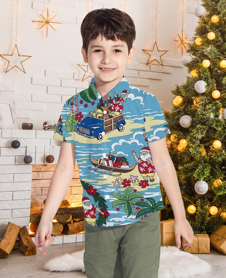 5T Boys Hawaiian Shirt Christmas Shirts Girls Santa Claus Short Sleeve 6T Button Down Tops Xmas Outfit Kids Blue Clothes Casual Vacation Tees