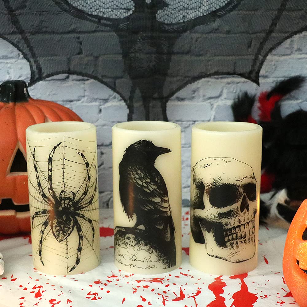 Eldnacele Halloween Flickering Candles with Skull, Spider Web, Crow Raven Decals Set of 3, Battery Operated Halloween Themed LED Candles Horror Spooky Decoration